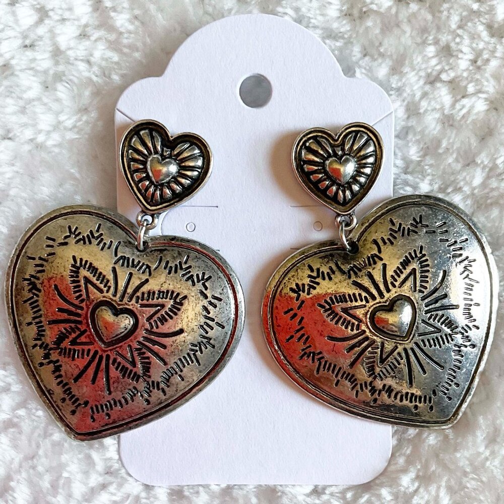 Sacred Heart Southwestern Style Oversized Earrings in Faux Tarnished Silver
